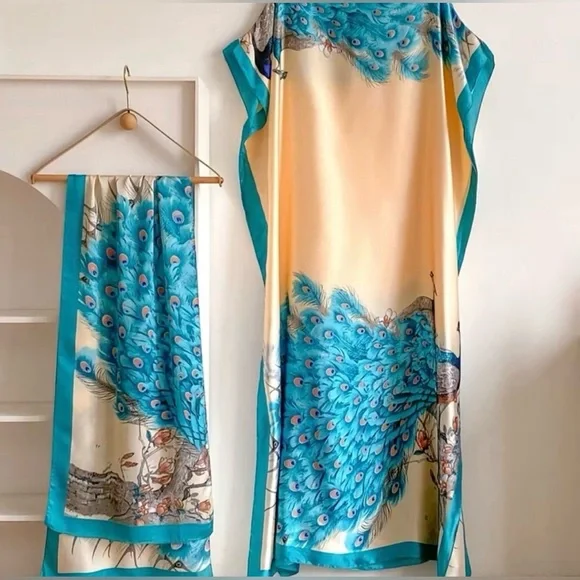 Flowy Flattering Peacock Print Maxi Silk-Poly Blend Maxi w/ Marching Scarf (Set) - Picture 1 of 4